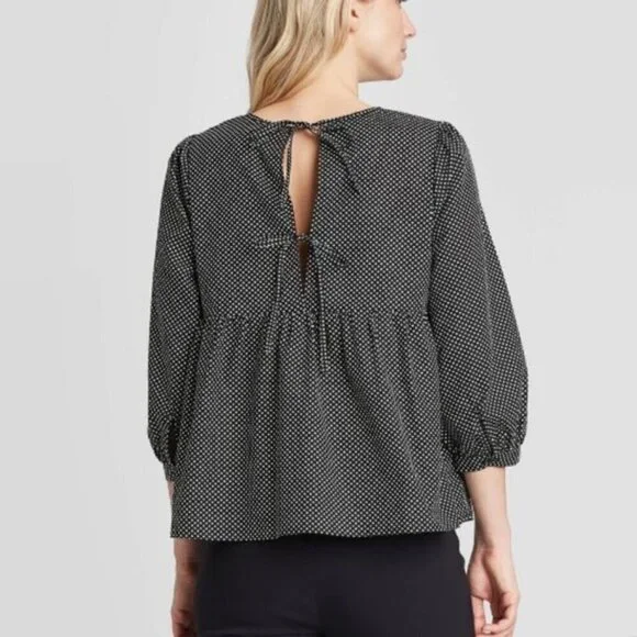 Who What Wear Black Polka Dot Blouse / 3/4 Sleeves & Back Tie Detail - Picture 2 of 8